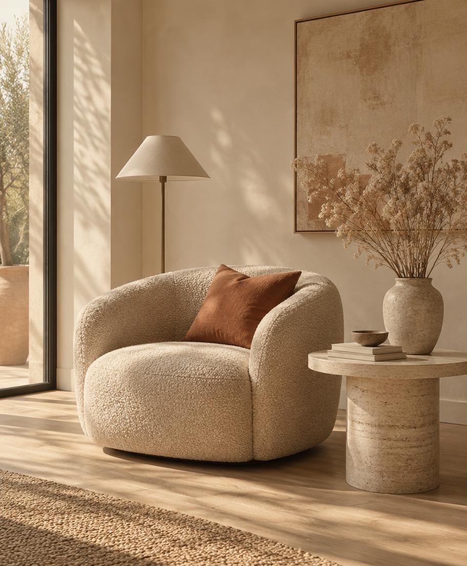 Woonkamer in warme neutrale tinten met een boucléfauteuil en een lage tafel